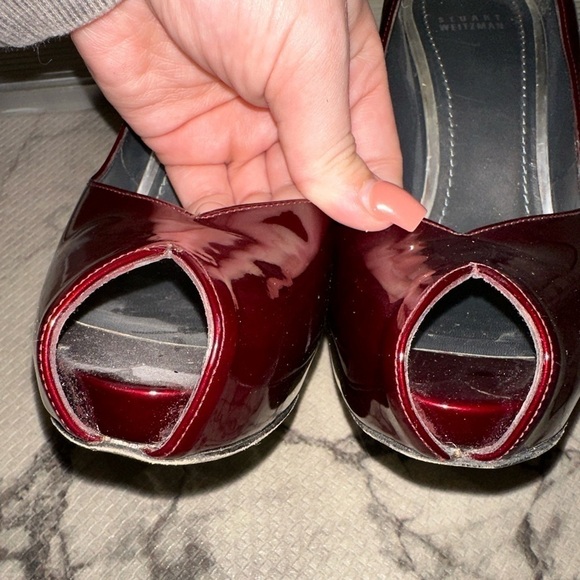 Stuwart Weitzman red metallic leather peep toe heel 9.5 Christmas holiday formal - Picture 9 of 15